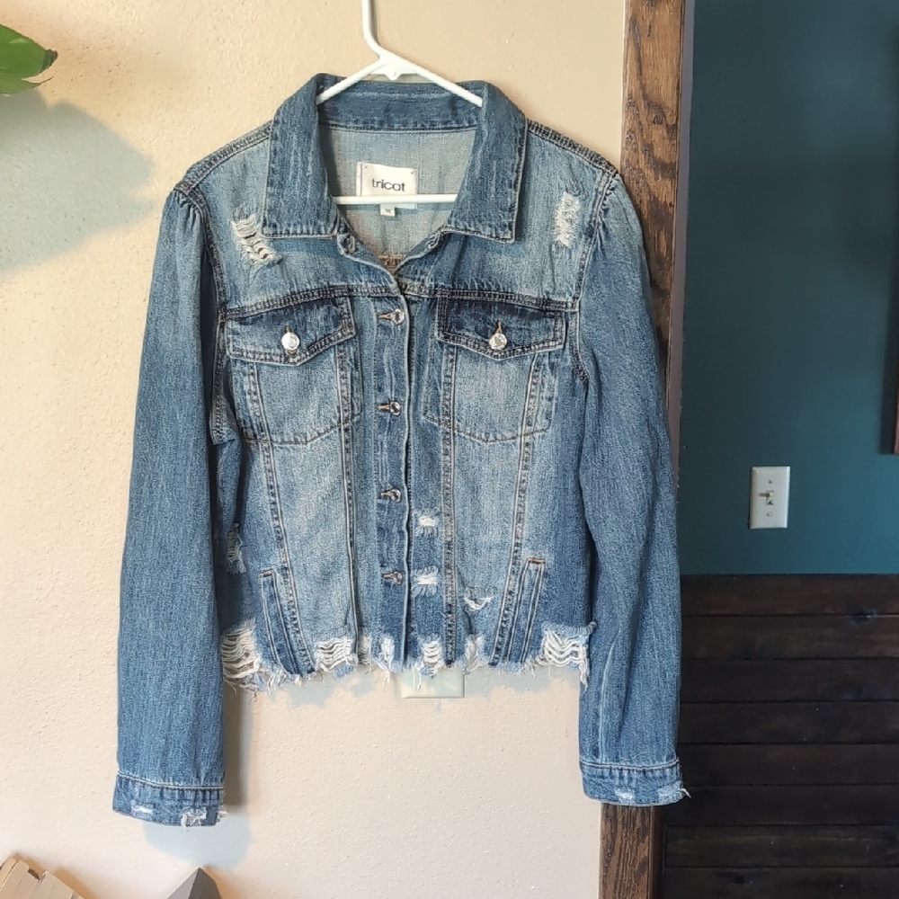 Tricot Slightly Cropped Distressed Denim Jacket.